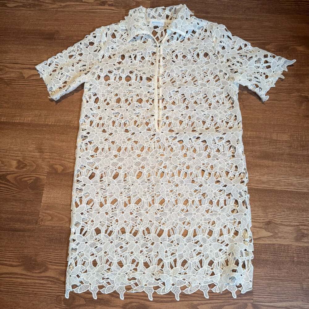 4our Dreamers Women's White Crochet Collared Button-Up Cover-Up Dress Boho Small
